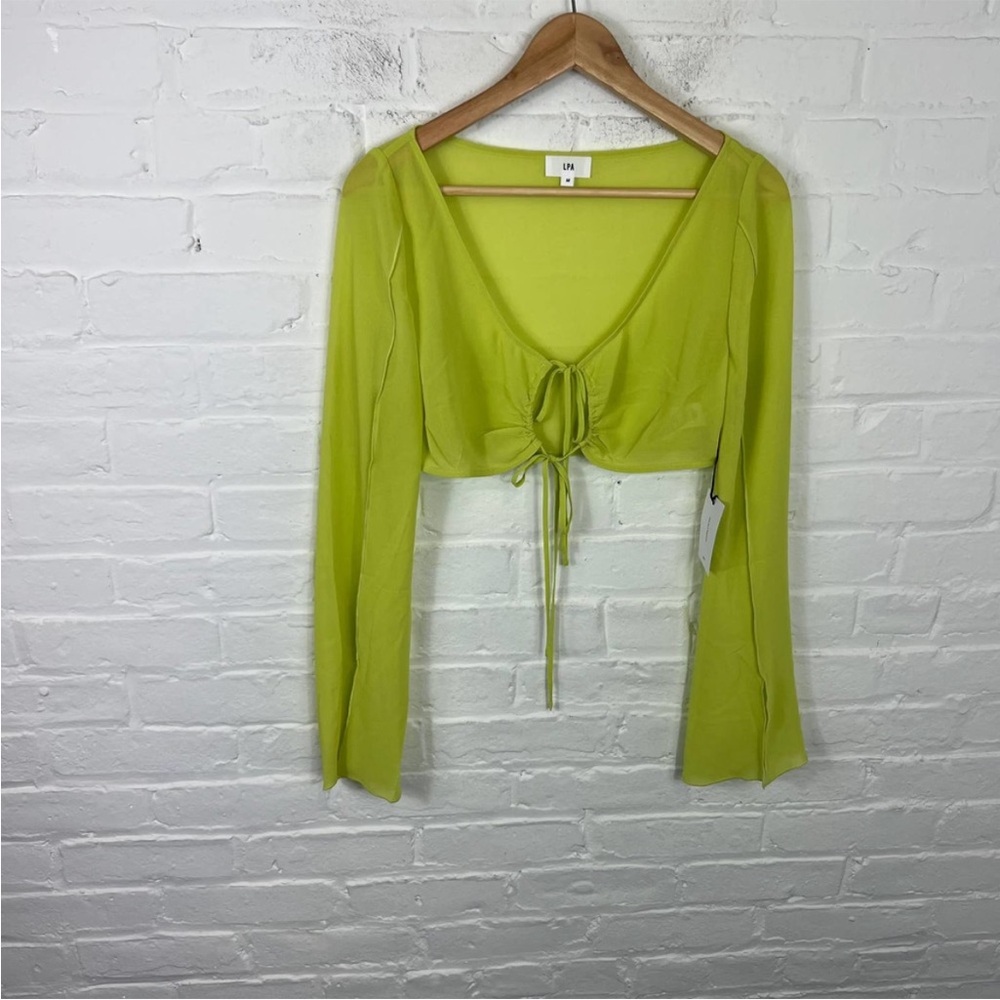 LPA Women's Tie Front Crop Blouse Long Sleeve Lime Green Size M NWT